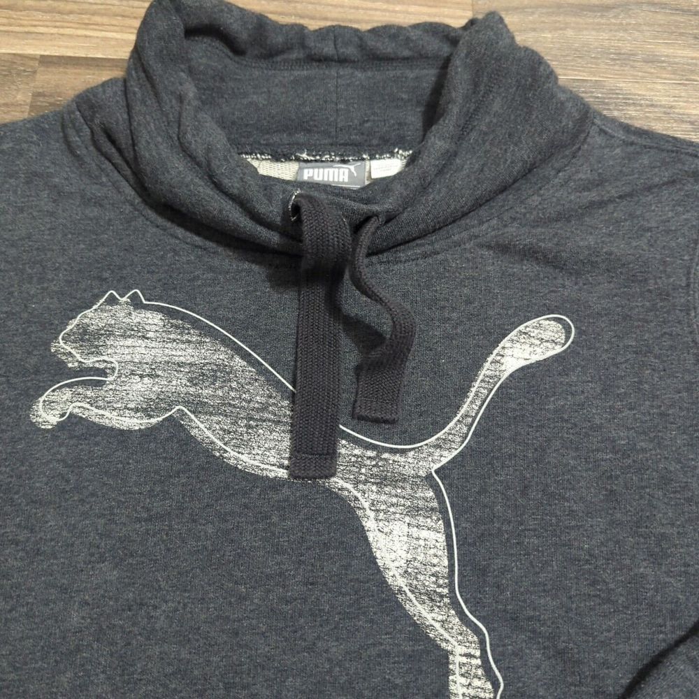 PUMA‎ Sweatshirt Mens Medium Gray Logo Kangaroo Pocket Cowl Neck. F